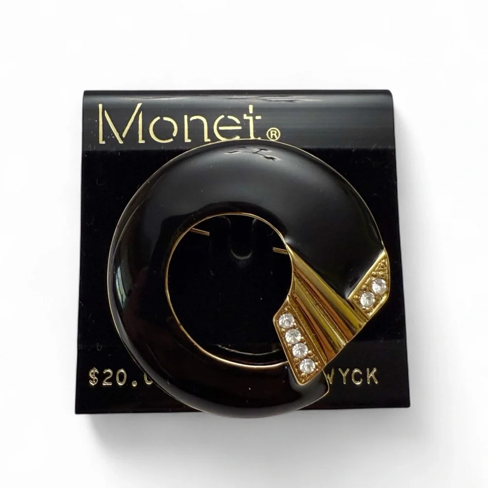Vintage Monet Black Enamel Clear Rhinestone Goldtone Round Circle Brooch Pin